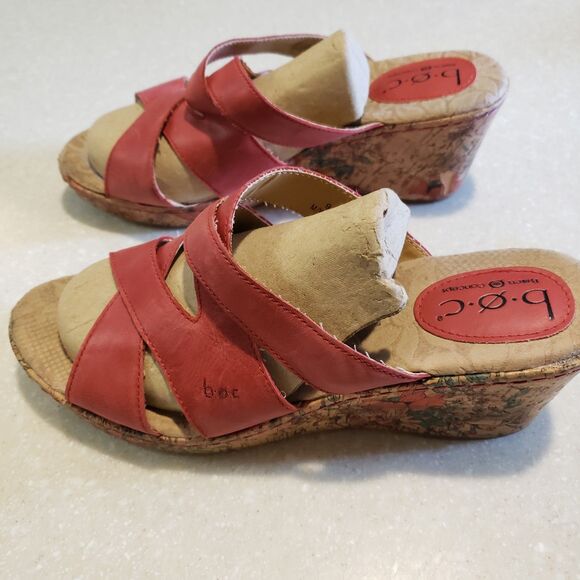 BOC Born Concept Wedge Sandals Sz 9M Red Leather Floral Cork Heels Slip On EUC - Picture 4 of 8